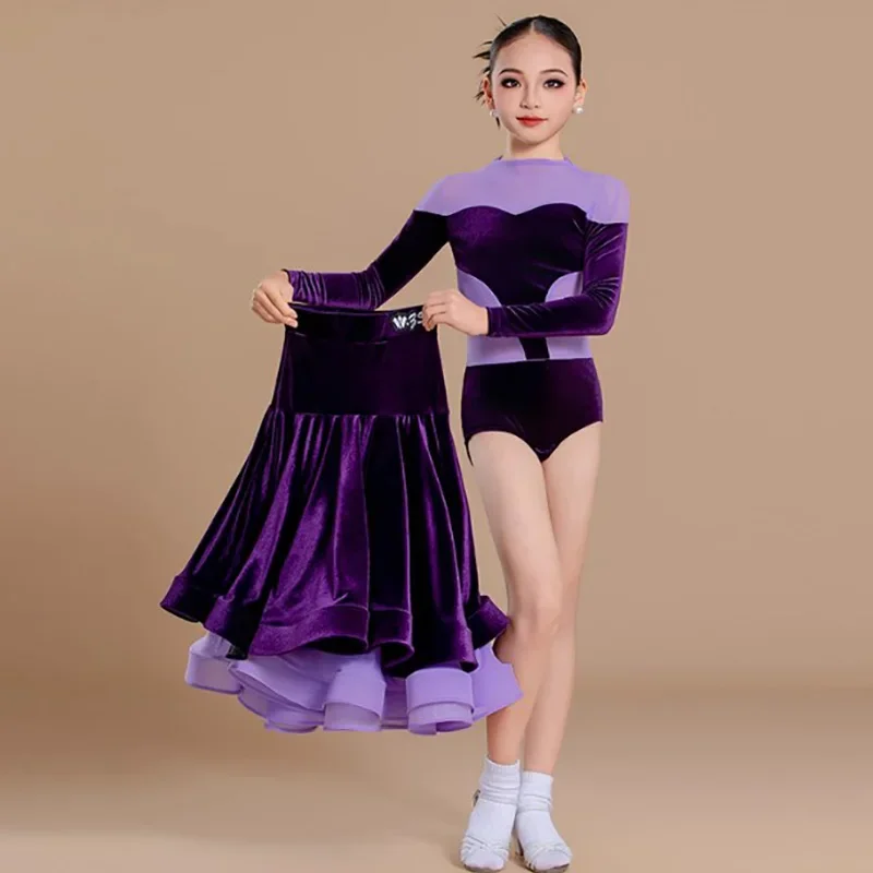 Kids Girls Velvet Mesh Waltz Ballroom Professional Costumes Long Sleeve Jumpsuit and Large Skirts Modern Dancing Clothes