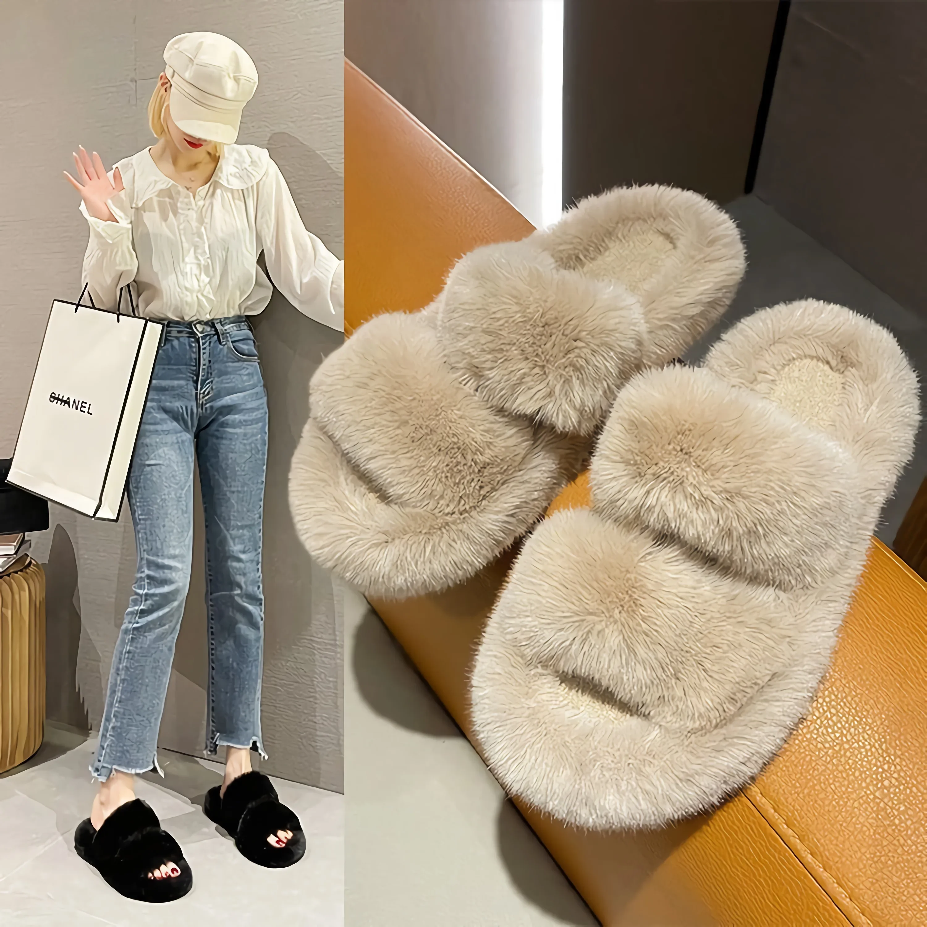 Home Fluffy Fur Slippers Comfy Open Toe Two Band Plush Sole Women Warm Shoes Indoor Bedroom Soft Flat Pillow Slide Footwear