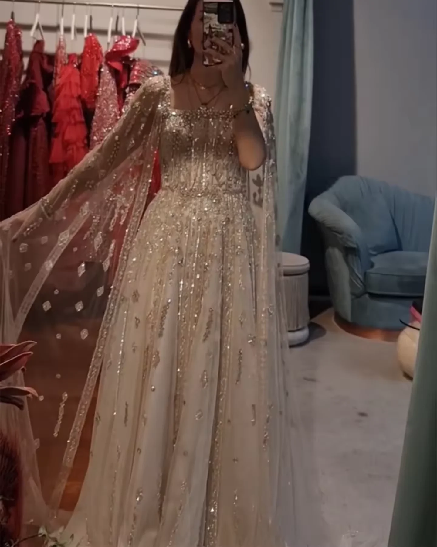 

Customized 2026 Newly Luxurious Dubai Long Evening Dress Prom Gown for Women A-Line Cape Sleeve Saudi Arabia Wedding Dance Party