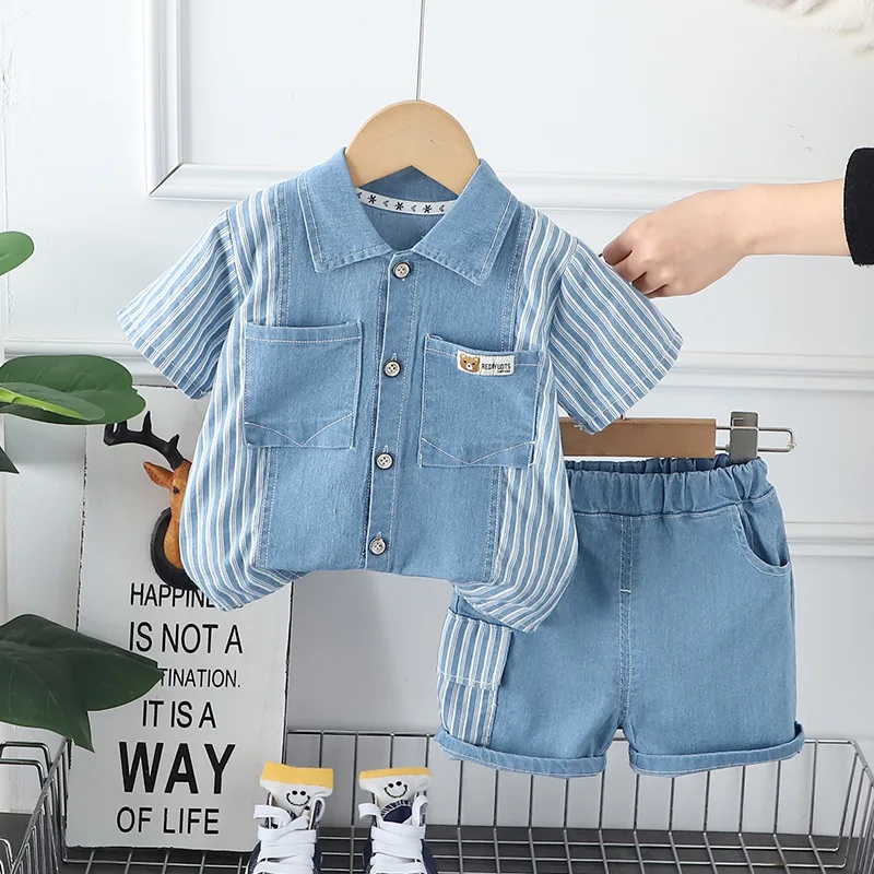 New Summer Children Denim Suit Outfits Baby Boys Clothes Fashion Striped T Shirt Shorts 2Pcs/Sets Kids Casual Tracksuits 1-5year