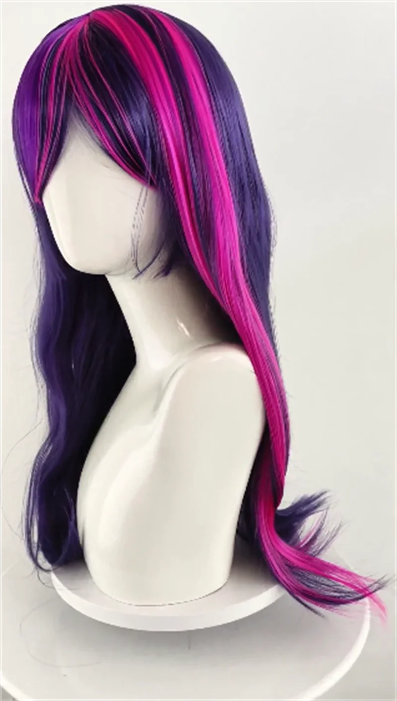 Anxin Brand Synthetic Fiber Wig: My Little Pony Purple-Black Highlights Long Straight Style, with Soft and Shiny Hair Strands, Natural and Dynamic Texture; Made from High-Quality High-Temperature Fiber, Comfortable to Wear, Skin-Friendly, Easy to Care For, and Highly Compatible with the Theme