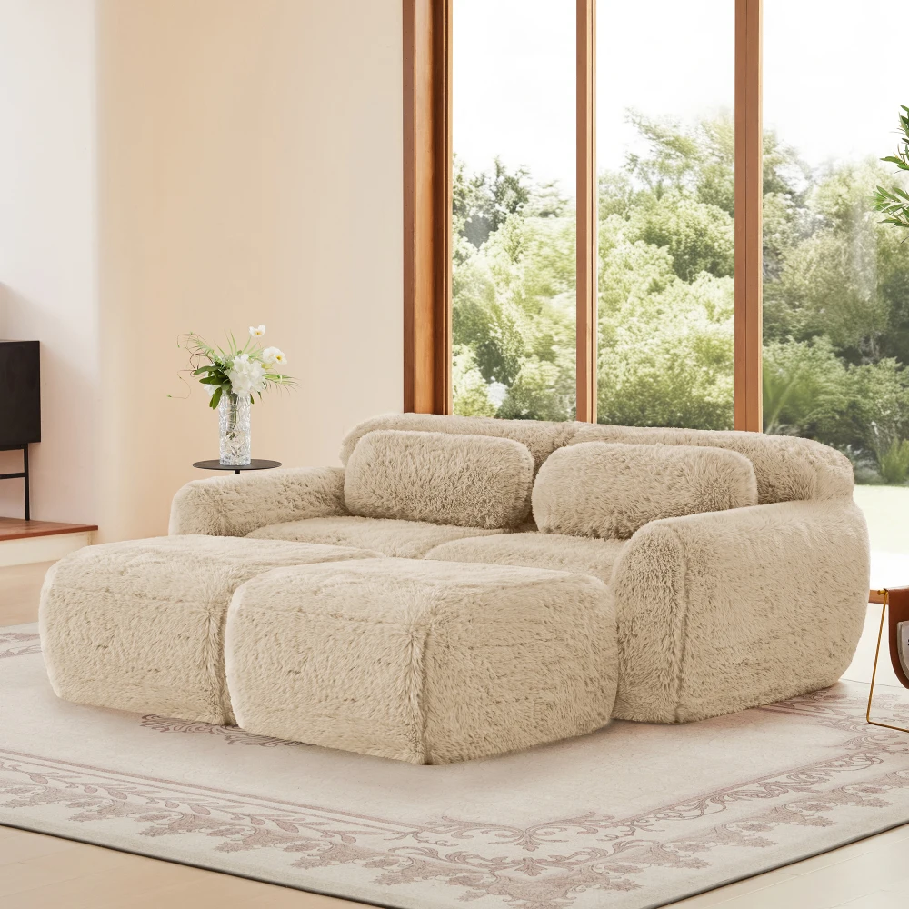 Sofa Cloud bez ramek, miękka tkanina pluszowa, modułowa sofa z funkcją spania z 2 pufami, sofy dwuosobowe, bez konieczności montażu, do salonu