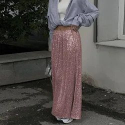 Jupe longue à paillettes monochromes pour femmes, jupe trapèze élégante, taille haute, streetwear de vacances pour dames, automne, hiver, 2023