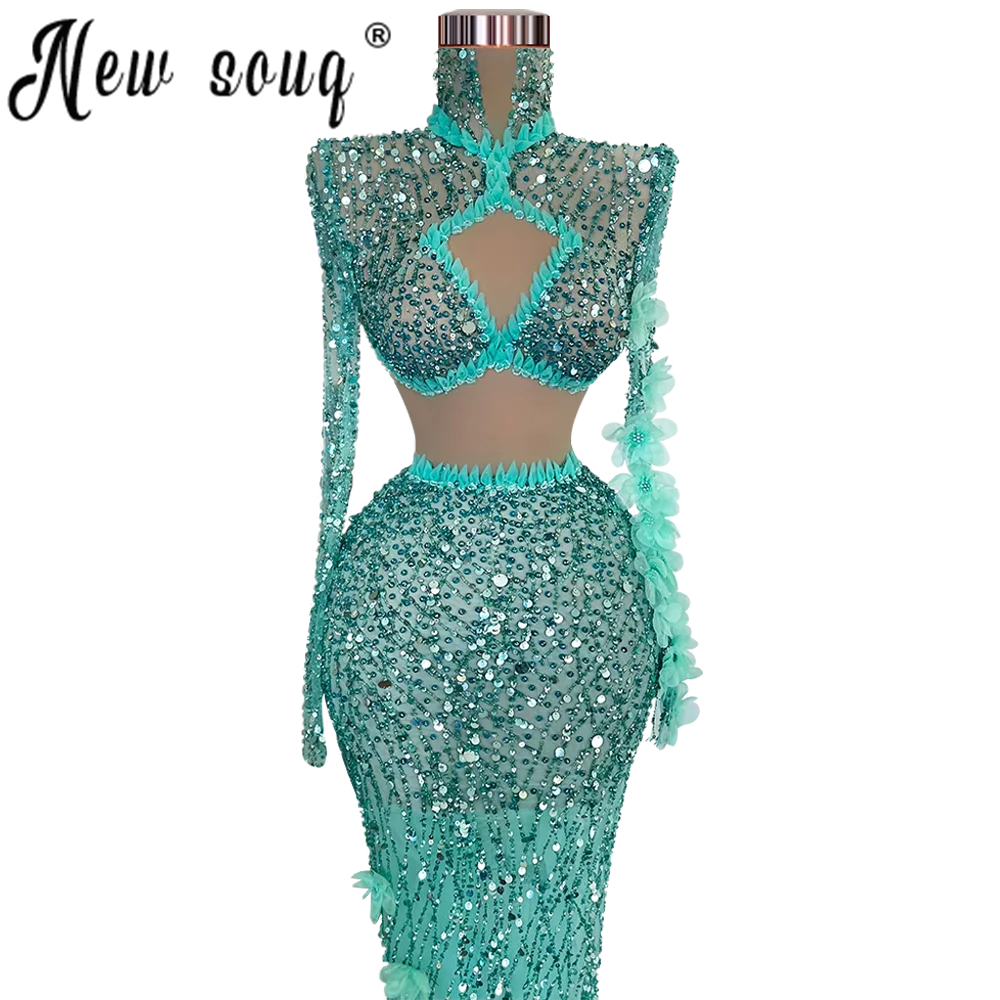 Vestidos de Noche de sirena con cuentas verdes ostentosas, cristales musulmanes, vestidos largos de lujo, Dubai, vestido Formal, 2023