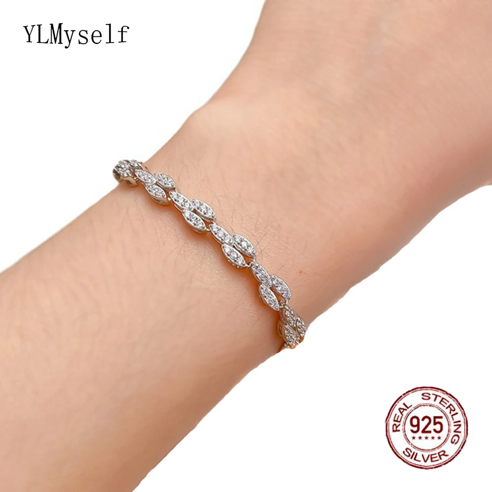 

Real 925 Silver Chain Bracelet Pave White Cubic Zircon 16/17/18CM Hiphop Rock Solid Fine Jewelry For Women/Men