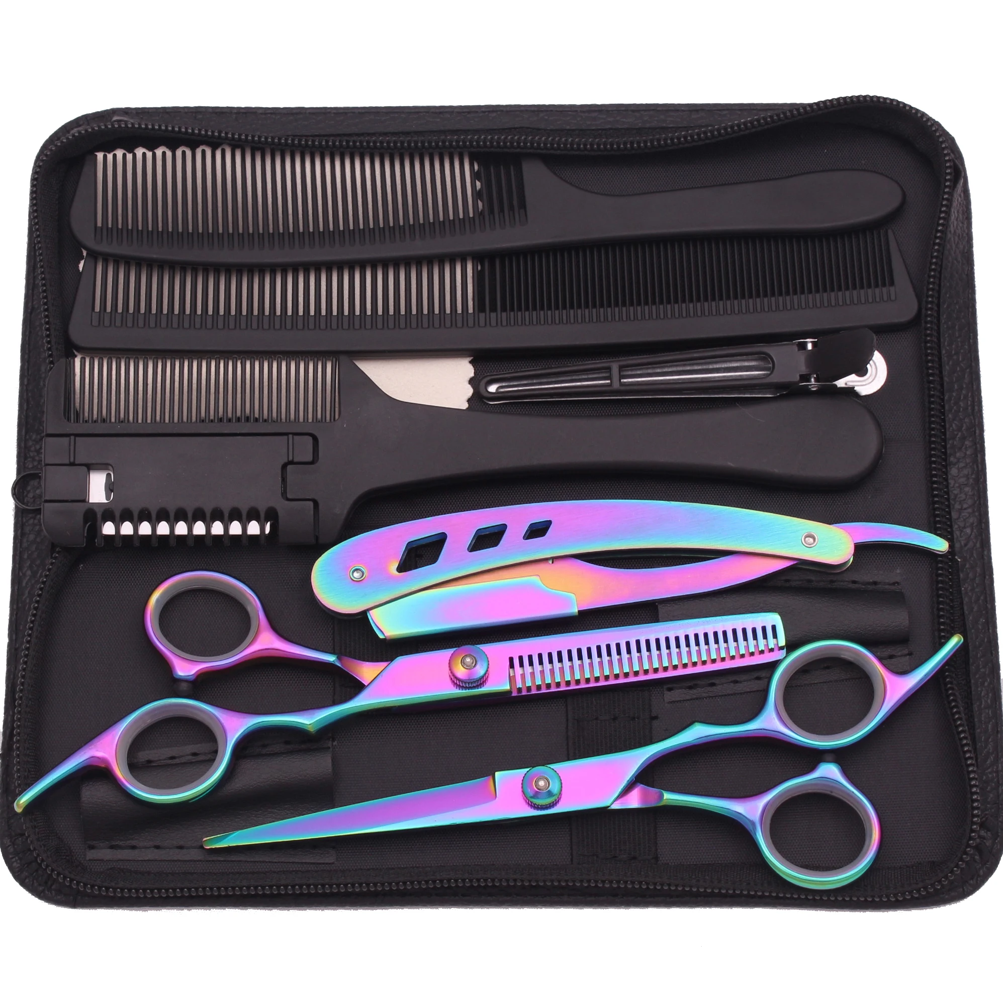 Haarschere JP Edelstahl Friseurschere 6" Haarschnitt Set Schwarz Effilierschere Salon Haarschnitt Schere Rasiermesser Kämme C1001
