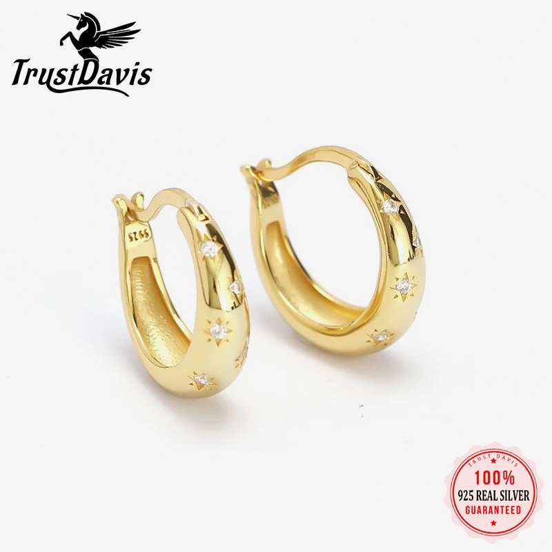 

TrustDavis стерлингового серебра 925, круглые и геометрические серьги-кольца с цирконом для ювелирных аксессуаров, женские серьги на день рождения DA1963
