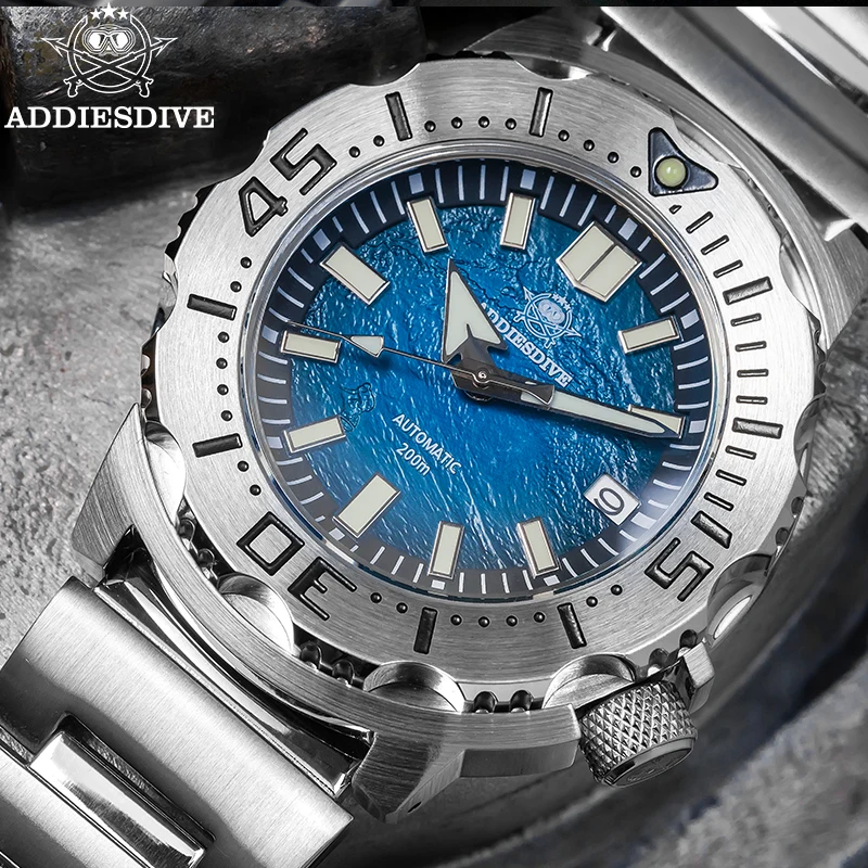 ADDIESDIVE AD2047 Men Watches Sapphire Glass 200M Diving NH35 Movement Relogios Masculino Blue Luminous Mechanical Watches