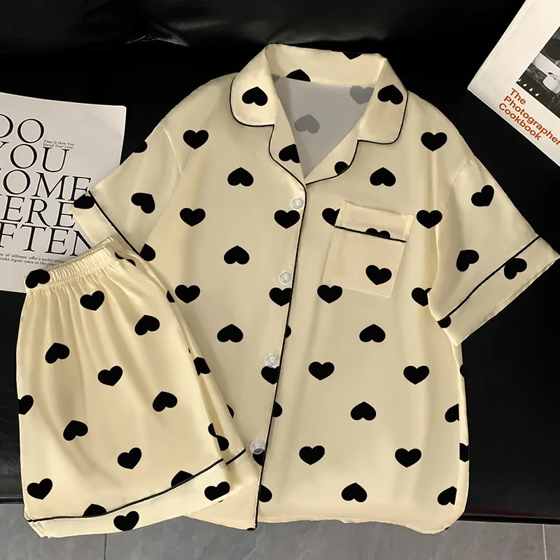 

Korean Style Love Print Women's Pajamas Casual Summer New 2025 Fashion 2 PC Pajamas Set Short Lapel Neck Design Loungewear Woman