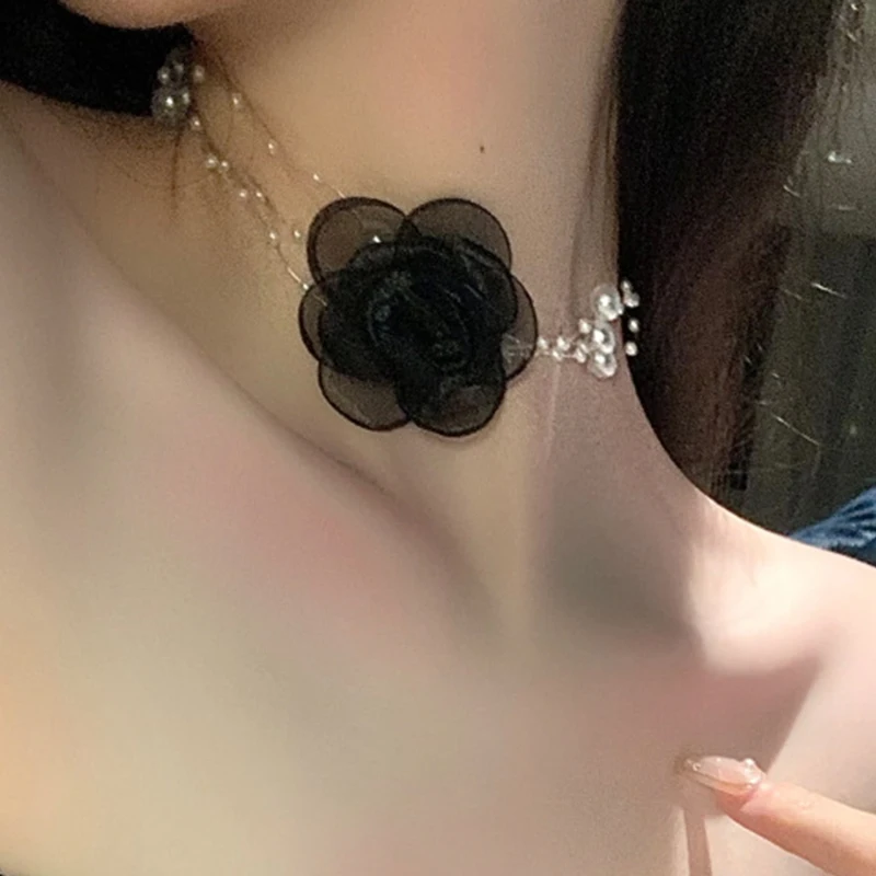 Women French Romantic Black And White Choker Flower Pearl Necklace Female Lace Clavicle Chain Choker Necklace