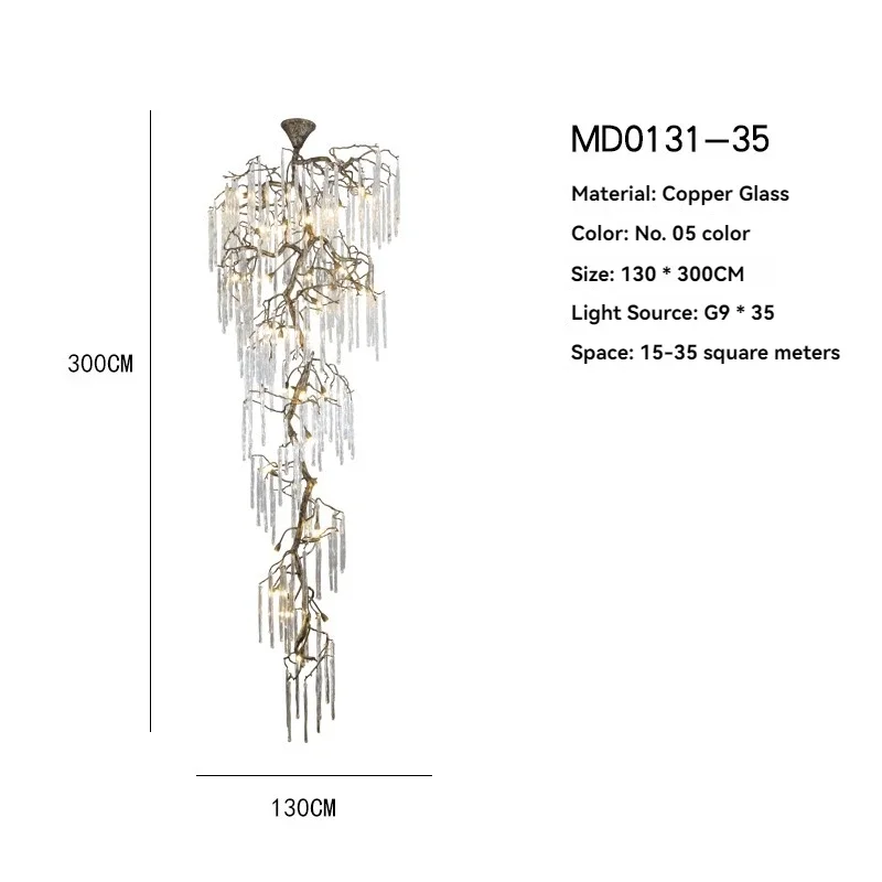 Vintage Brass Branch Crystal Chandelier, High Ceiling Hanging Light for Staircase Loft Stairway