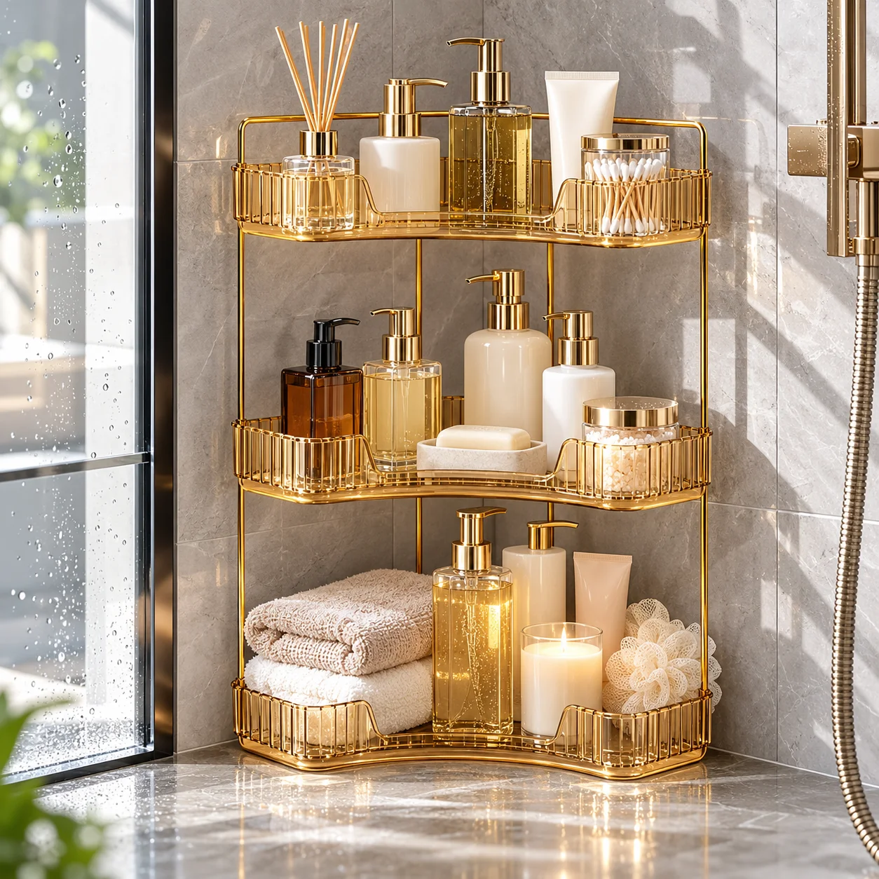 Gold Metal Corner Storage Shelf for Bathroom Organizer