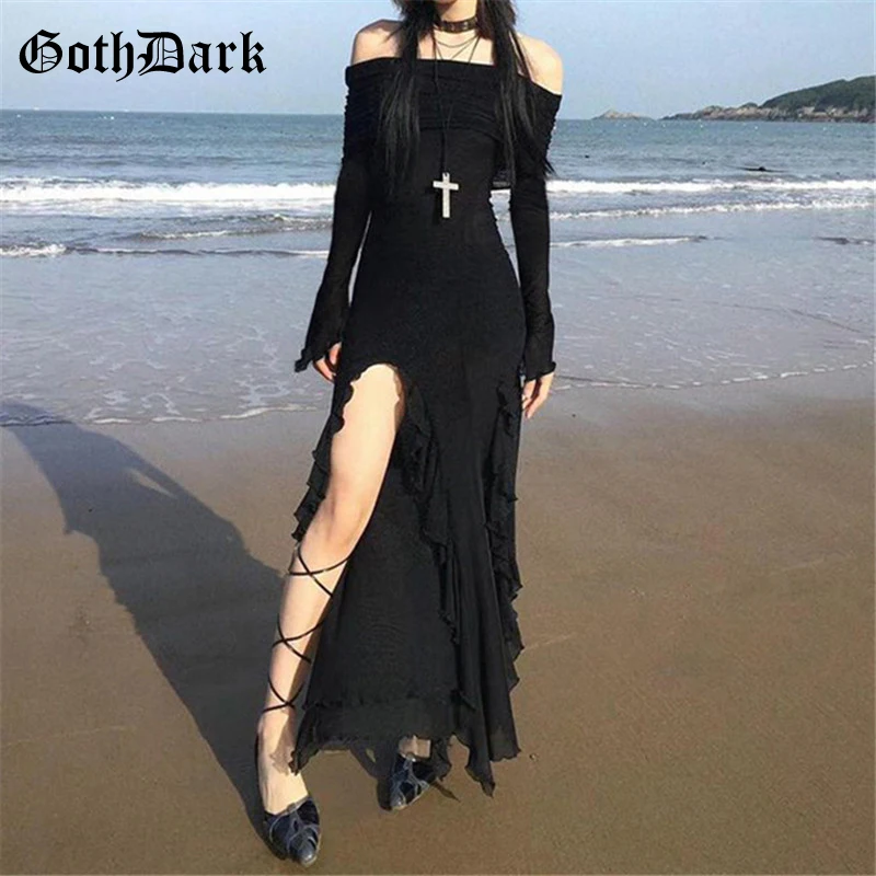 

Goth Dark Casual Streetwear Mall Gothic Long Sleeve Off Shoulder Dress Y2K Grunge Irregular Hem Ruffles Dresses Women Party Gown