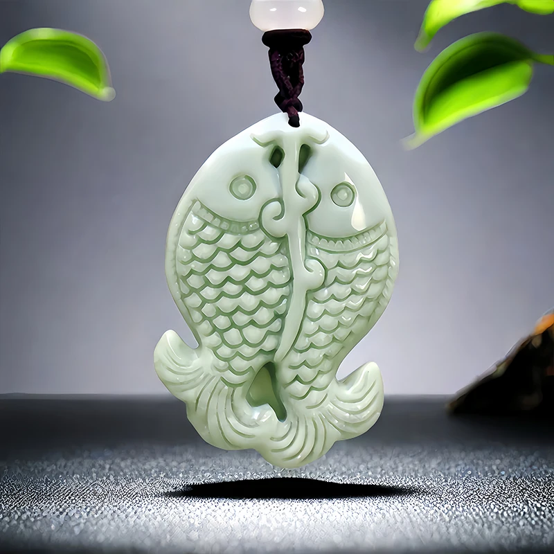 

Green Real Natural Jade Pisces Pendant Necklace Designer Accessories Charm Stone Gifts for Women Men Talismans Carved Jewelry