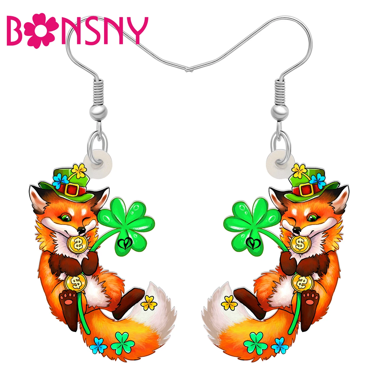 BONSNY Acrylic St Patricks Day Fox Earrings Green Shamrock Gold Coin Cartoon Animals Jewelry Good Luck Gifts For Women Girls