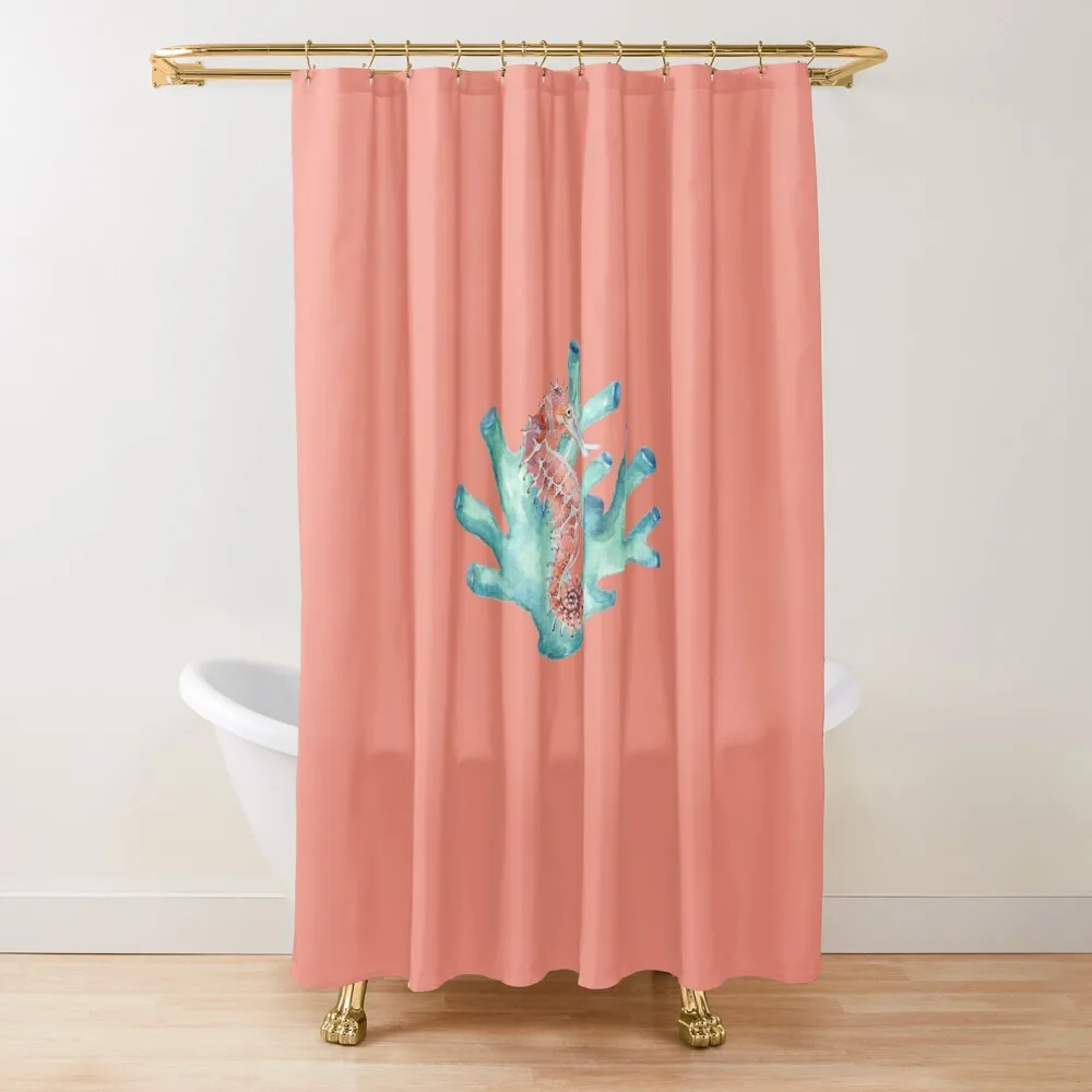 Aqua Coral and Peach Pink Seahorse Shower Curtain Bathroom Decor Anti-Mold Waterproof Shower Waterproof Shower Bathtub Curtain