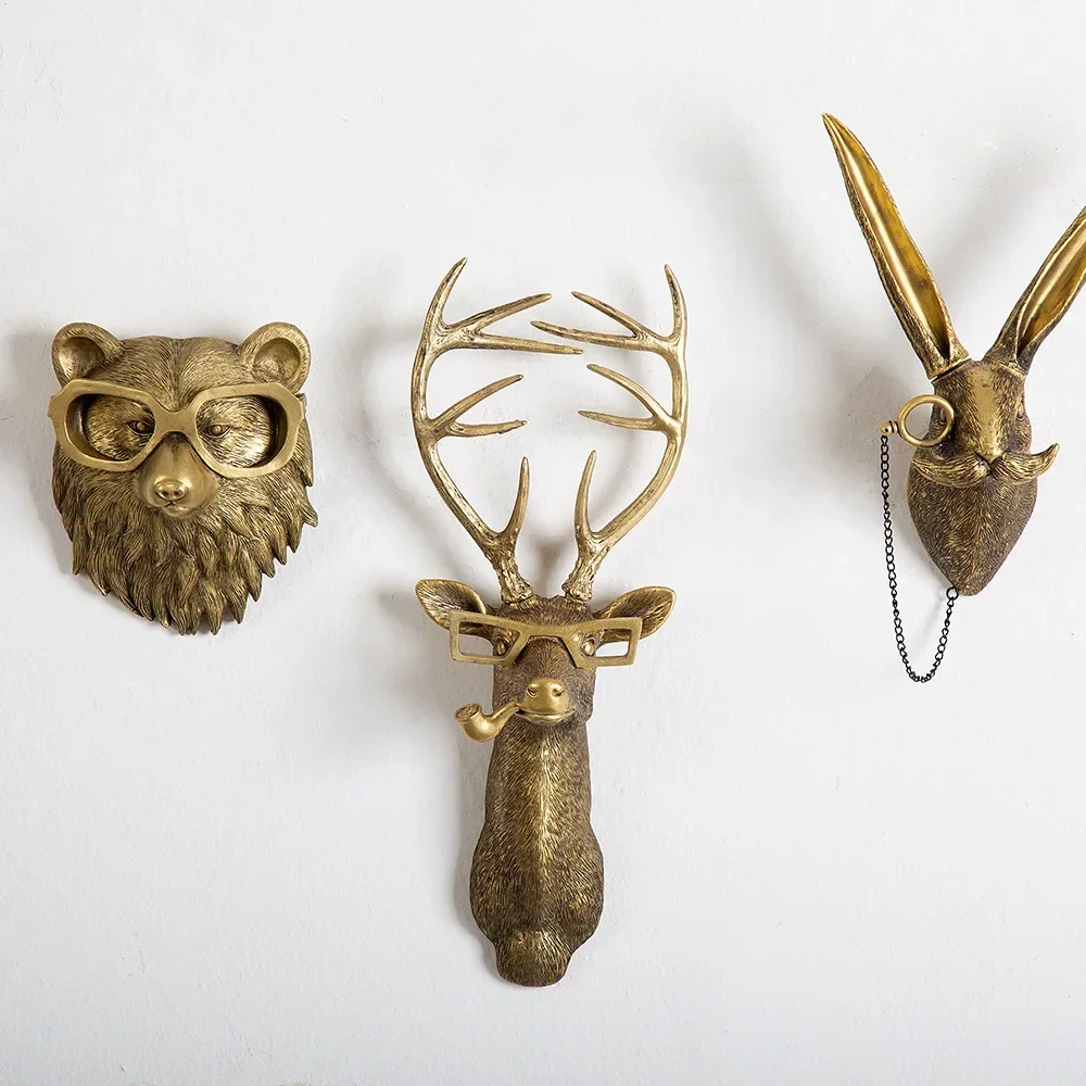 

Antike Bronze Harz Tier Anhänger goldene Hirsch Kopf Wand Lagerung Haken Hintergrund Wand Зуehör декоративная фигурка