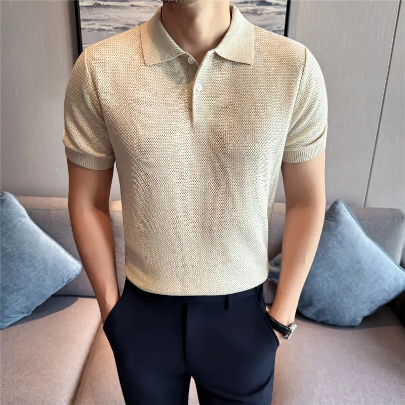 

Summer Thin Knit Polo Shirt Short Sleeved Solid Color Loose Casual Top High Stretch Breathable Knit Fashion T-shirt Men Clothing