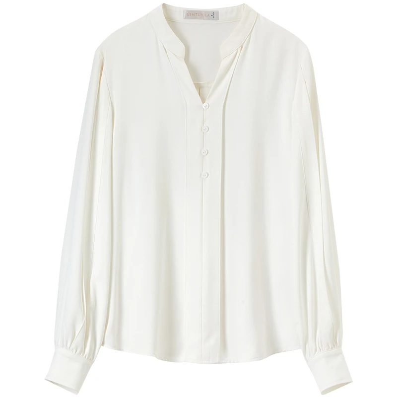 SENTUBILA Office Lady V-Neck Shirt Women's Autumn New Temperament Long Sleeve Top Commute Casual Skinny Female Blouse 151C57783