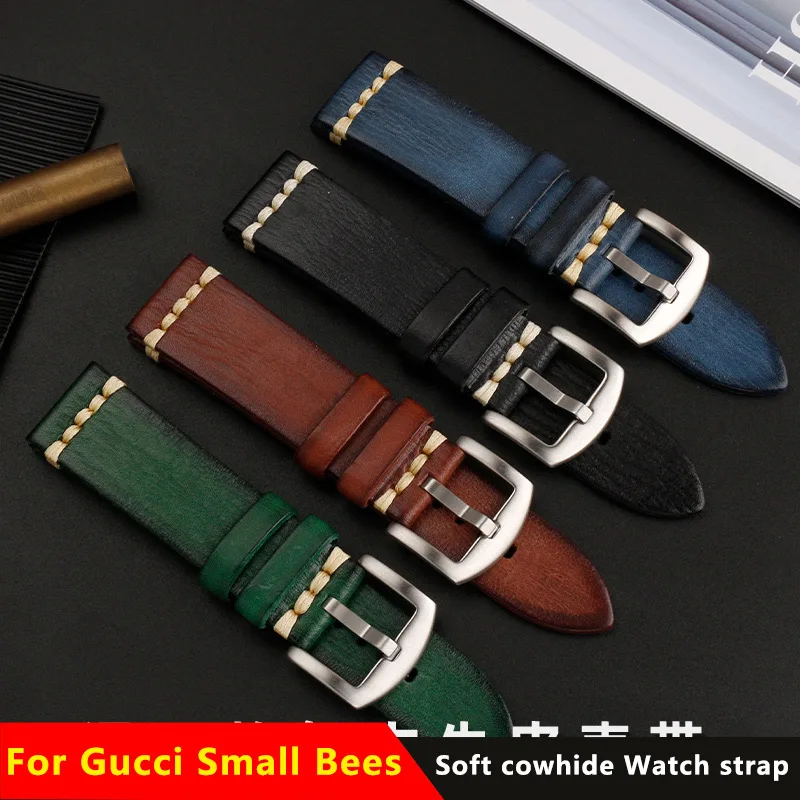 حزام ساعة من الجلد الطبيعي بتصميم عتيق من Small Bees لـ Gucci YA 1264065   حزام ساعة رجالي 20 22 ملم أخضر أسود أزرق عالي الجودة