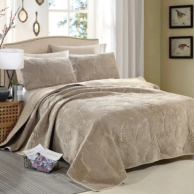 Simple Thickened Plush Velvet Quilt Set, Bedspread on the Bed, Lightweight Quilted Bed Cover, Padding Coverlets, King, 3Pcs