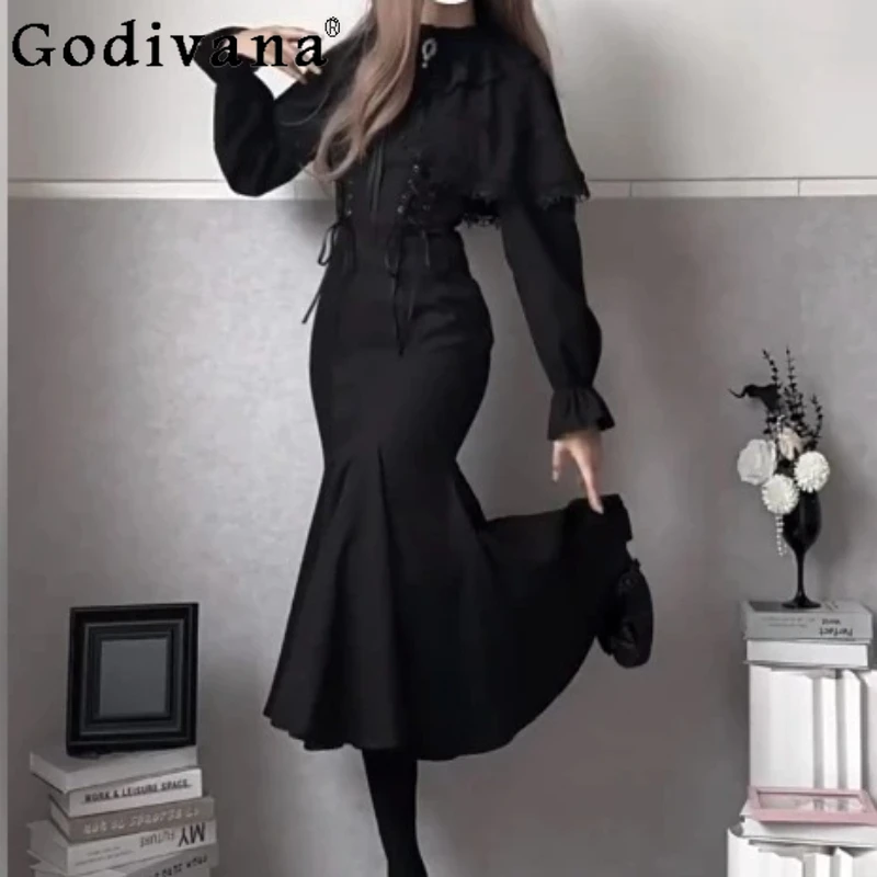 

Spring Autumn Women Christmas Gothic Retro Black Cloak Dresses Fashion High Waist A-line Versatile Age Reduction Fishtail Dress
