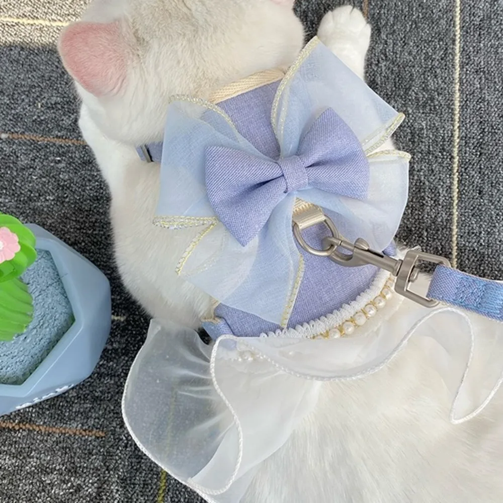 لطيف الأميرة نمط القط تسخير المقود قابل للتعديل النايلون القط سترة تنفس مع Bowknot الحيوانات الأليفة حزام الصدر تبادل لاطلاق النار الصورة