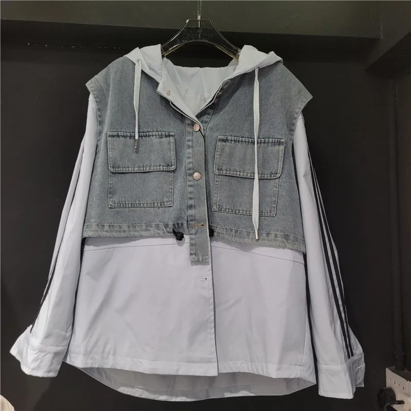 

SuperAen джинсовые лоскутные искусственные двухсекционные пальто для женщин, дизайнерские весенне-осенние новые свободные повседневные однобортные куртки с капюшоном