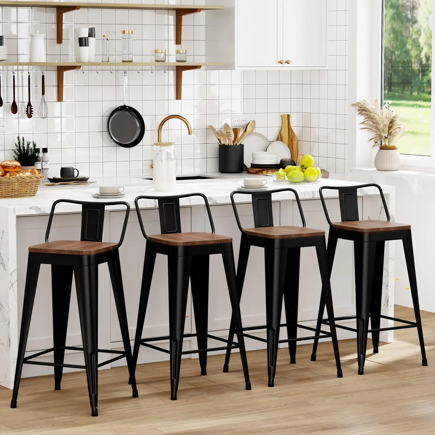 

Metal Bar Stools Set of 4 Counter Height Bar Stools Barstools with Removable Back 26" Kitchen Bar Stools with Wooden Seat, Black