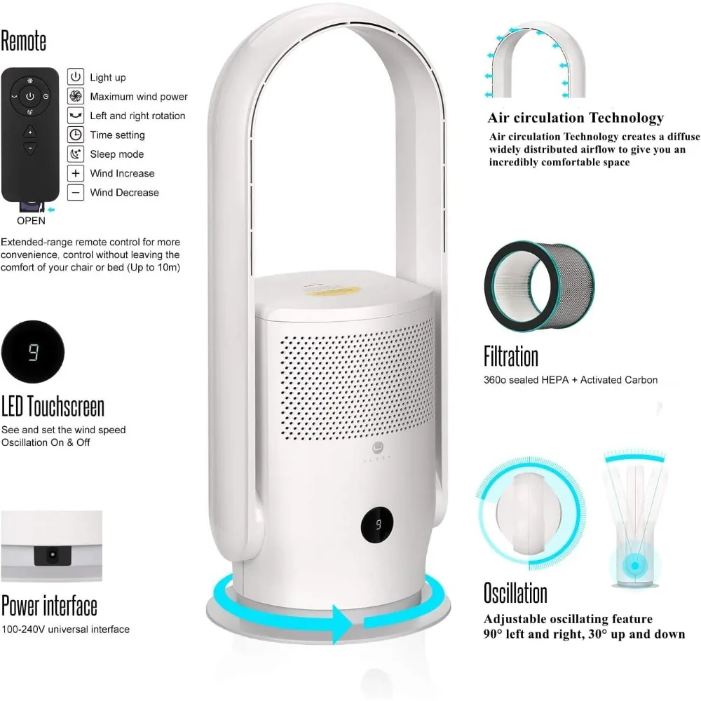 Bladeless Tower Fan with Air Purifier, 90° Oscillating Tower Fan with HEPA Filter, Remote Control, Touch, 8H Timer, 9 Speeds