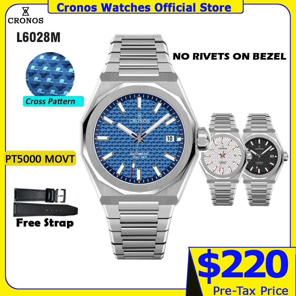 Cronos Luxury Men Watch 39mm Automatic PT5000 SW200 Wristwatches Sapphire Leather Strap 10ATM See-through Back L6028M