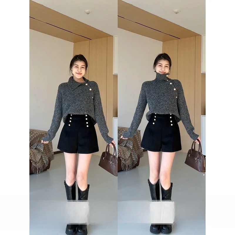 

Zhang a Xing Plu Warm Tea Korean Sle Lazy High Ne Loose Knitted Bla orts Women's Faion Set Winter Collection