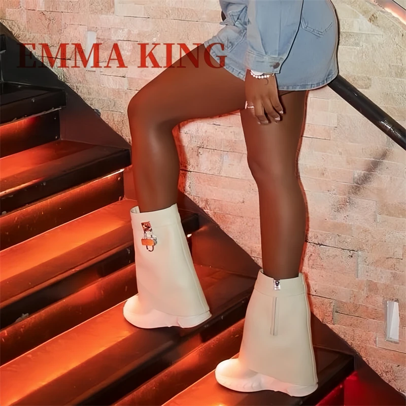 

Байкерские ботинки на танкетке из искусственной кожи с серебряным замком, ботинки в виде акулы, модные роскошные дизайнерские зимние теплые женские ботинки на платформе