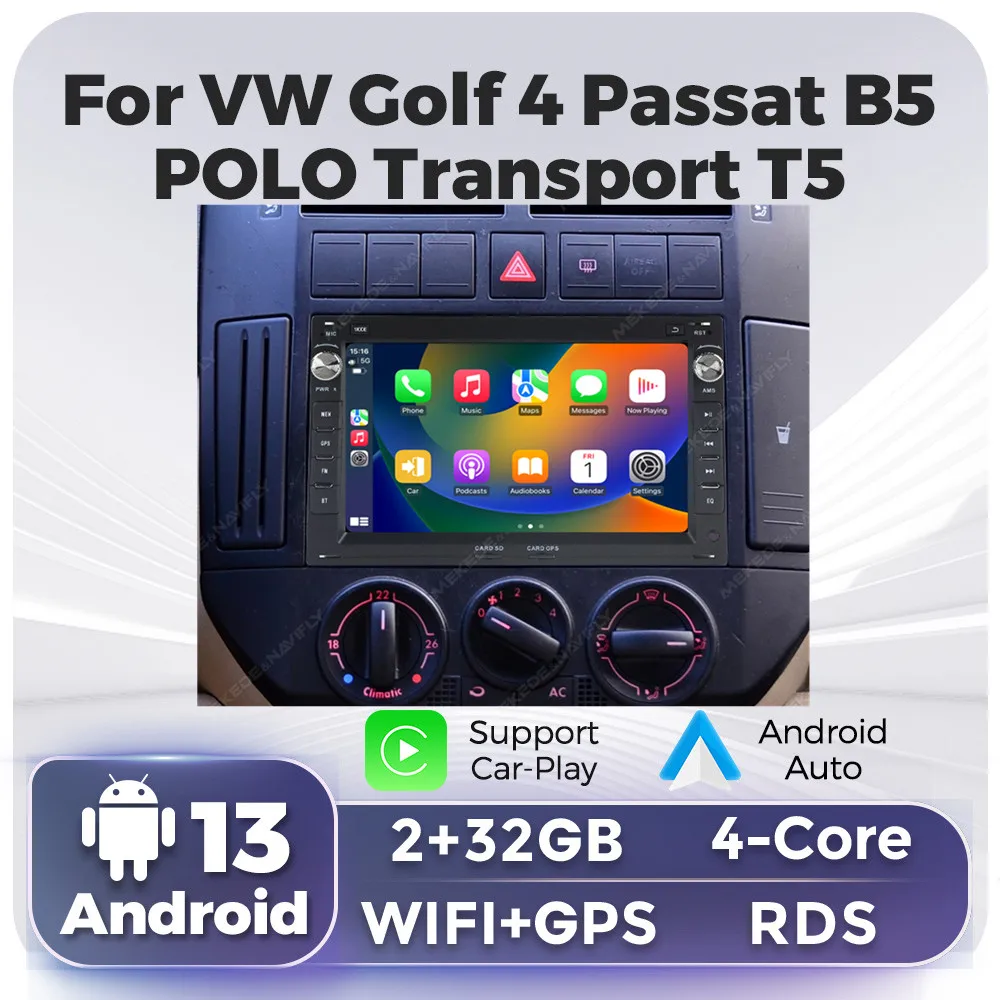 2 Din Android 13 Car Radio Carplay For VW PASSAT B5 MK4 MK5 SHARAN Jetta Bora Polo TRANSPORT T5 CITI CHICO Multimedia GPS Stereo