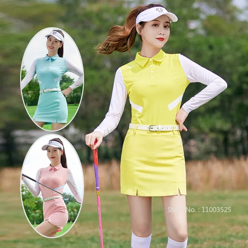 

SSV Golf Spring Summer Ice Silk Long Sleeve Top Women Sports Short Skirt Patchwork Slim POLO Shirt Ladies Golf Pencil Skorts