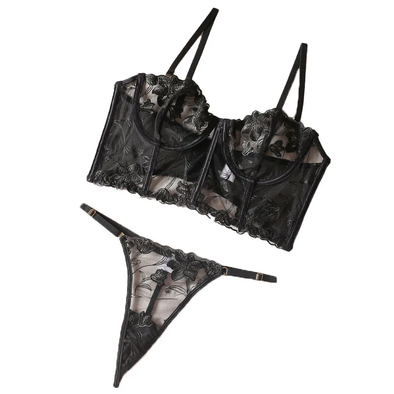 

White Embroidery Lingerie Fishbone Bra and Panty Erotic Wedding Underwear Suit G-string Vest Sexy Perspective Brief Bilizna Set