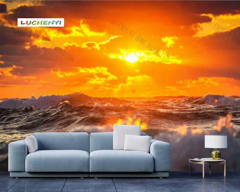 

Papel de parede modern 3d custom sunrise sunset beach waves landscape wallpaper mural,living room tv wall bedroom home decor