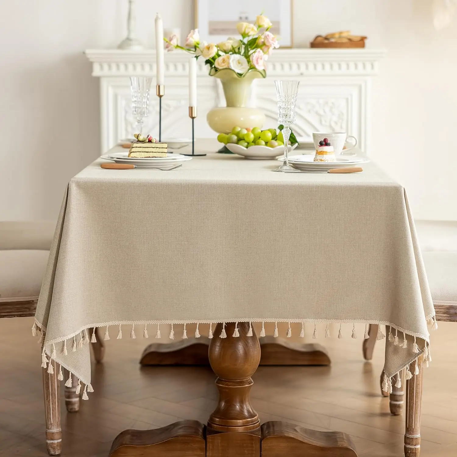 

1 Pack Heavy Duty Cotton Tablecloth Soft Wrinkle Resistant Fabric with Decorative Tassles Fringe for Kitchen Dining Tabl