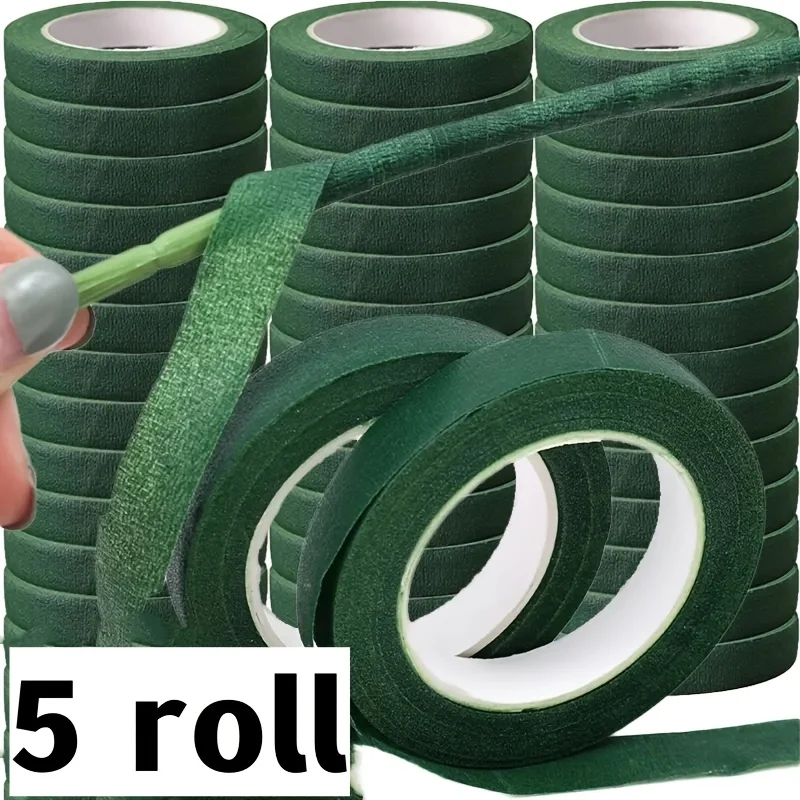 5 Rolls of Green Self-Adhesive Bouquet Flower Wrapper Tape - Perfect for Flowers, Wedding Party Decorations And Florist Arrangem