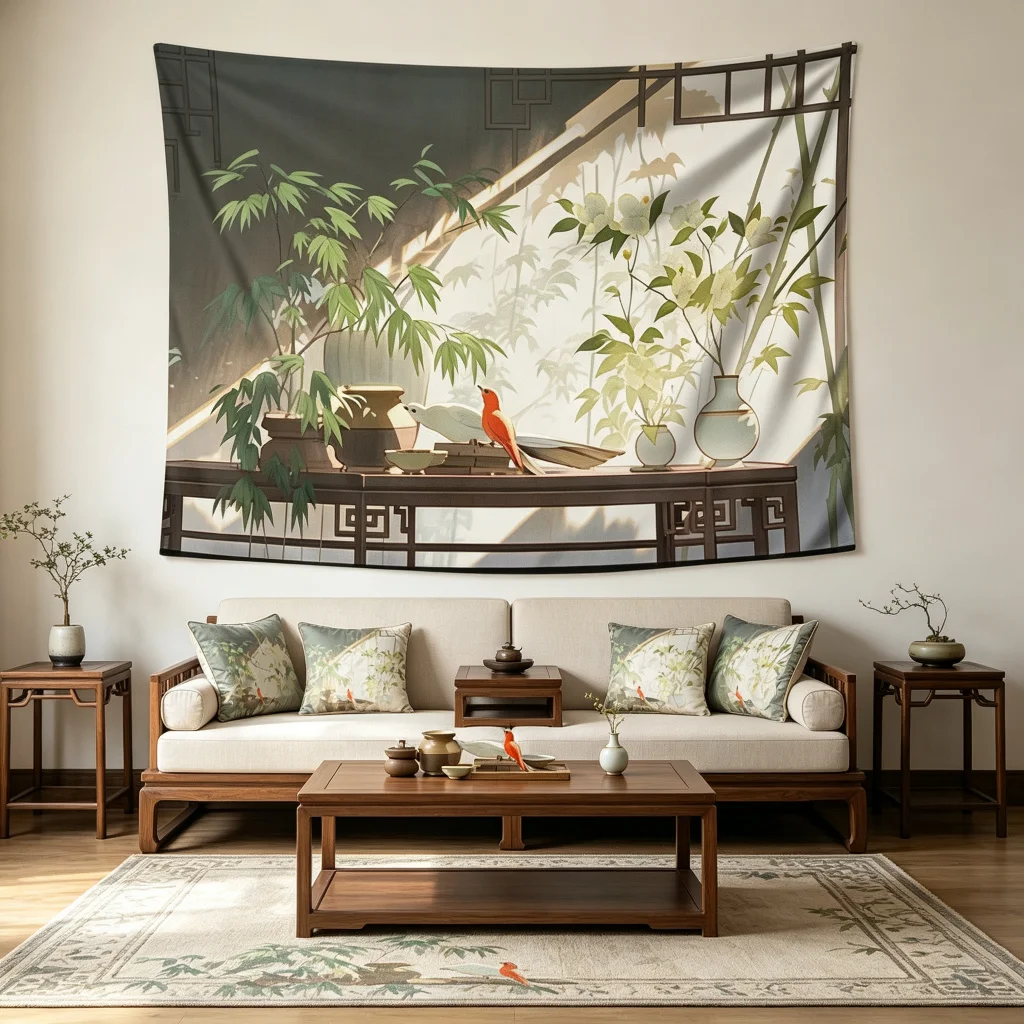 1PC Chinese Bamboo Bird Floral Art Print Backdrop Banner, Bedroom Living Room Photo Background, Polyester, Home Decor, Wall Art