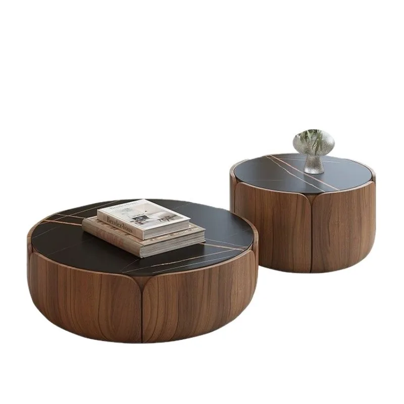 طاولة قهوة مستديرة من الخشب الصلب، مجموعة غرفة المعيشة المنزلية، شقة صغيرة، بلاطة صخرية فاخرة خفيفة #1