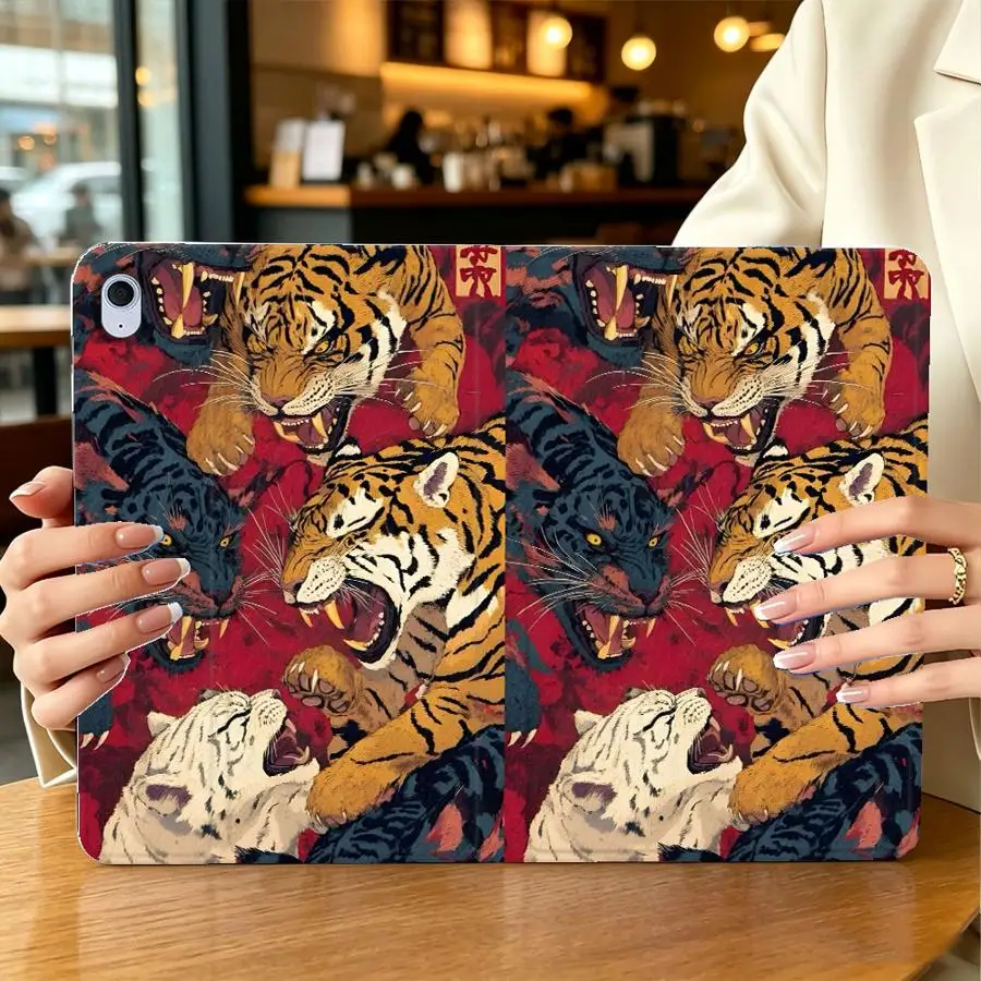 Case for Samsung Galaxy Tab A8 S11 A7 Lite A9Plus S10FE S9 FE S10 Plus A11 S7 S8+ S9+ S10 Lite with Pencil Slot Retro Tiger