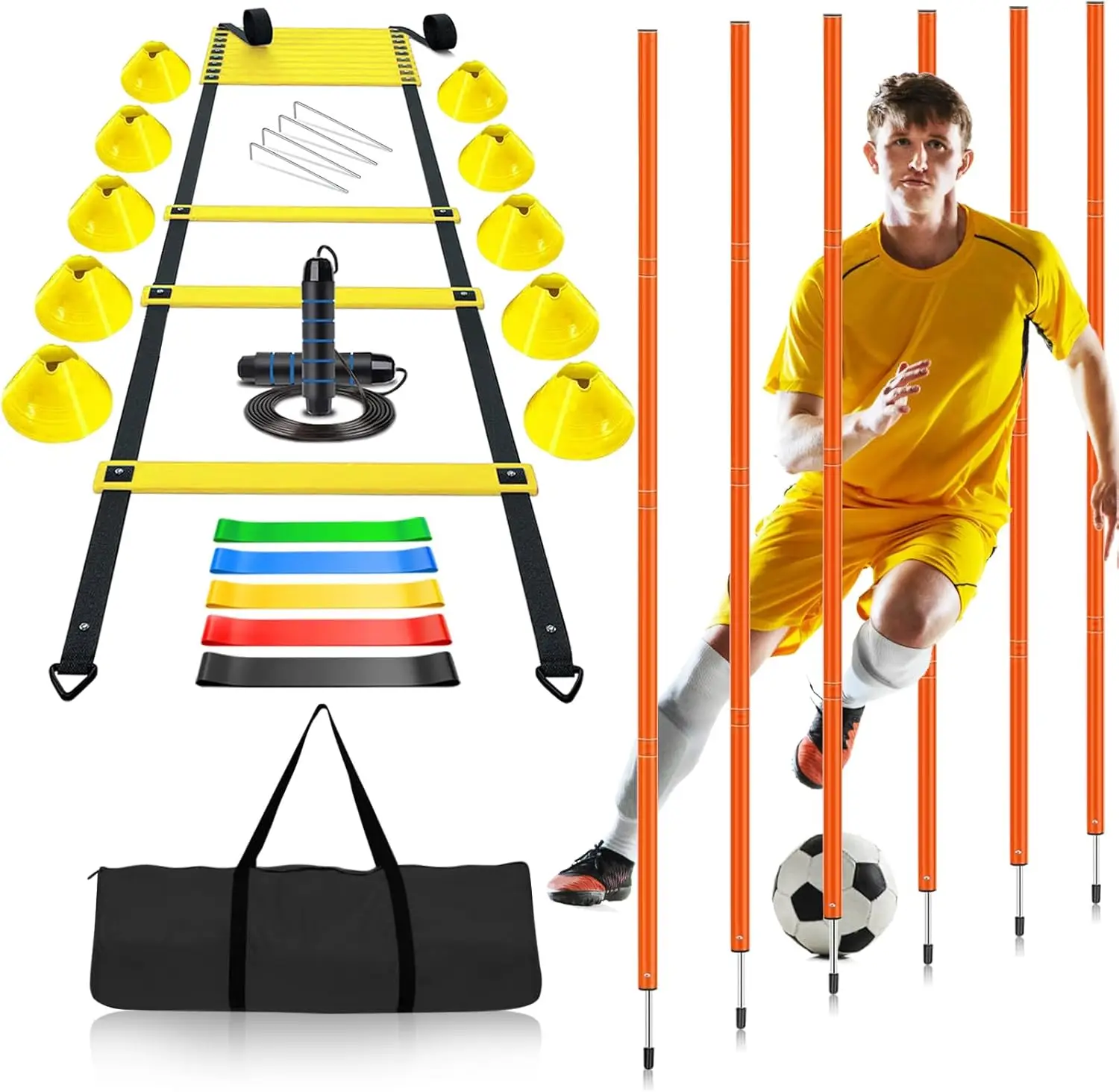 

Soccer Agility Training Poles Set - 6 Adjustable Poles, Ladder, Cones & Bands