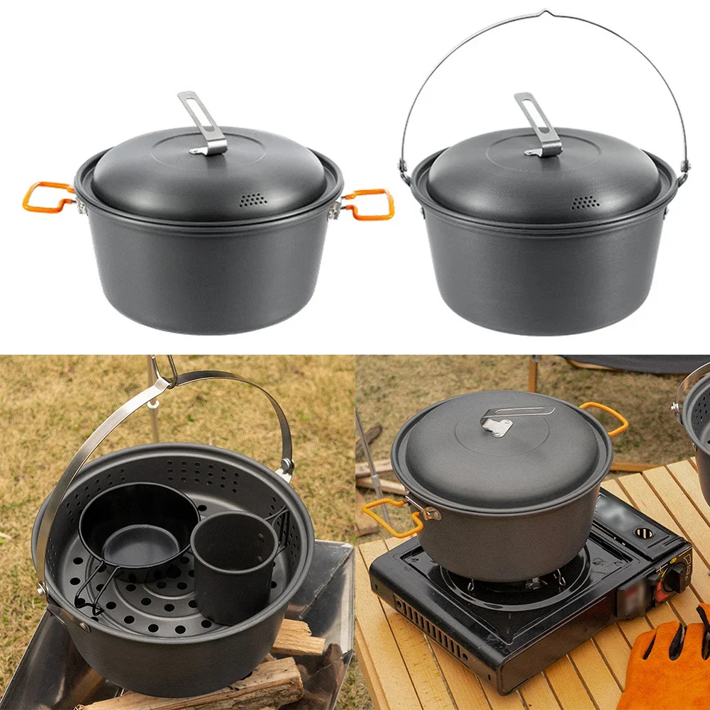 

1pc Outdoor Soup Pot Set Steamer With Storage Bag 4.5L Aluminum Alloy Hanging Pot Steamer Set For Camping Hiking Picnic Cookware