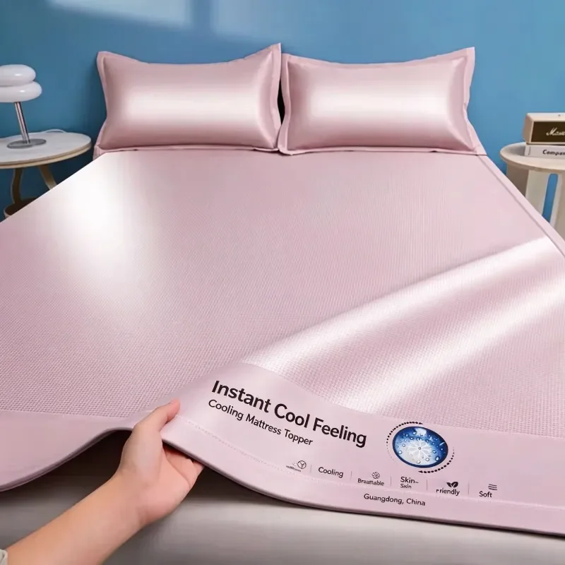 Light Luxury Carbon Fiber Ice Silk Cooling Bed Mat Set, Summer Instant Cool Smooth Sleeping Mattress Cover Complete with Pillowc