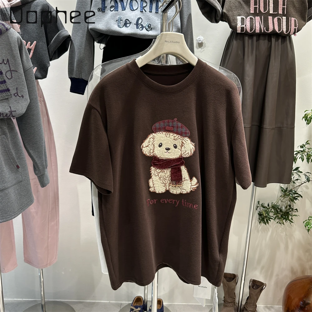 

Winter Loose Half-Sleeve Top Heavy Craft Design 3D Puppy Thickened Brushed Mid-Length Short-Sleeve T-Shirt for Women