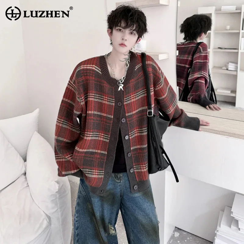 LUZHEN Men's Knitted Sweater Round Neck Checkered Pattern Jacquard Loose Niche Design Casual Trendy Coats Male Simplicity LZ6625