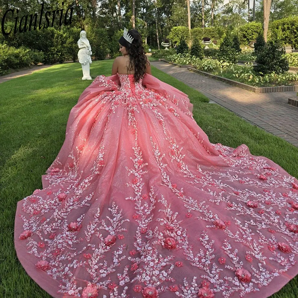 Pink 3D Floral Lace Flowers Ball Gown Quinceanera Dresses Glitter Crystal Beading Sweetheart Sweet 16 Vestido De 15 Anos