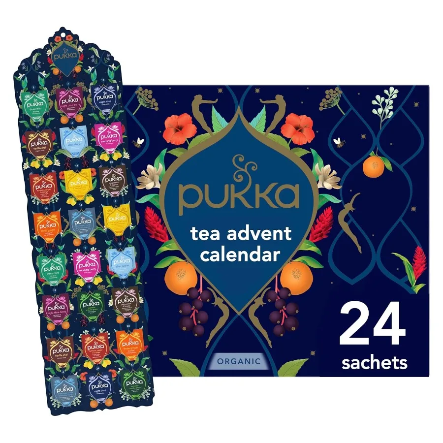 Calendario de Adviento Pukka 2024 Muestra de té orgánico: 24 infusiones únicas de té negro y verde para regalo de Navidad perfecto para Tea Enth