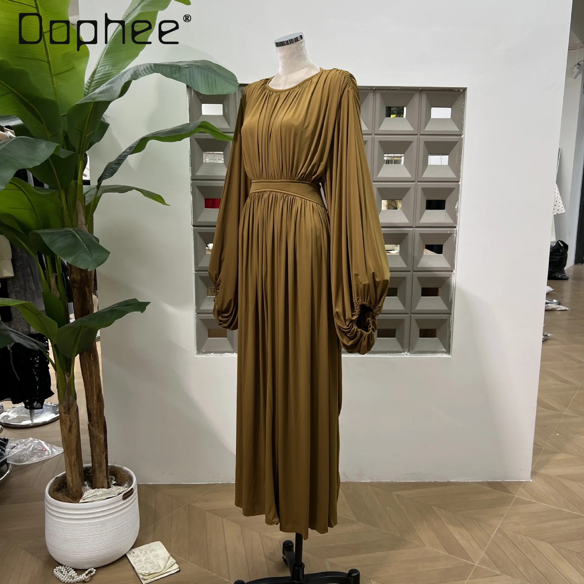 European American Women Clothing Fashion Bat Long-sleeved High-waisted Dress High-end Elegant Mid-length Dress Evening Dresses
